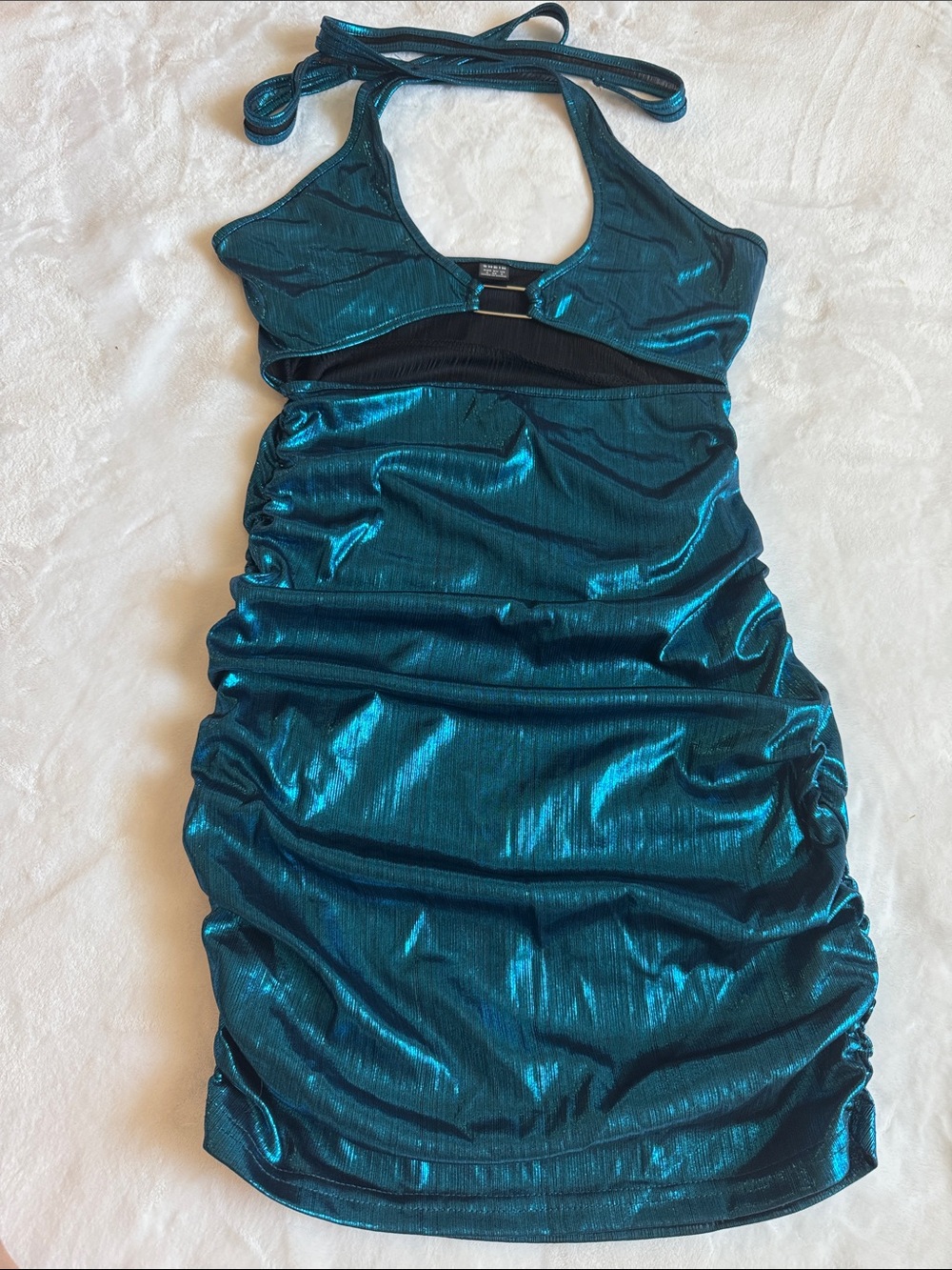 SHEIN Teal Metallic Halter Ruched Mini Dress